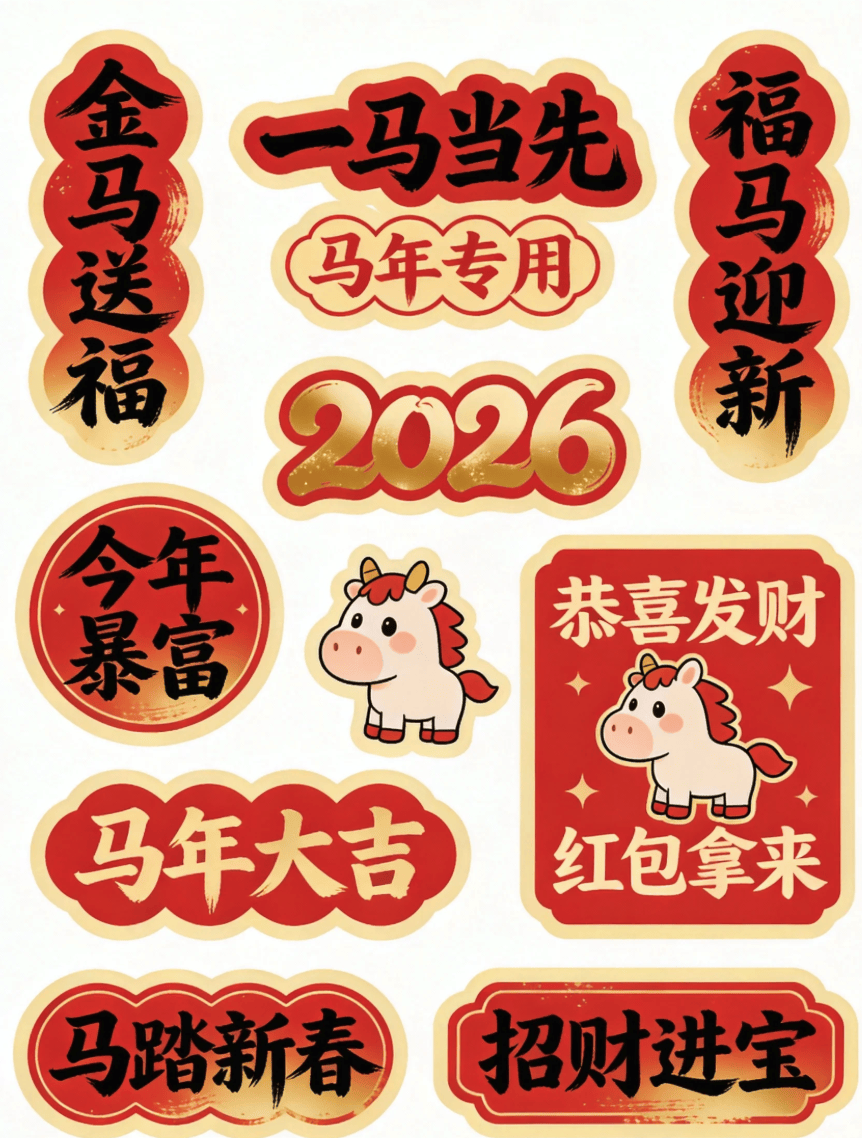 2026 马年国潮喜庆风新年贴纸集制作