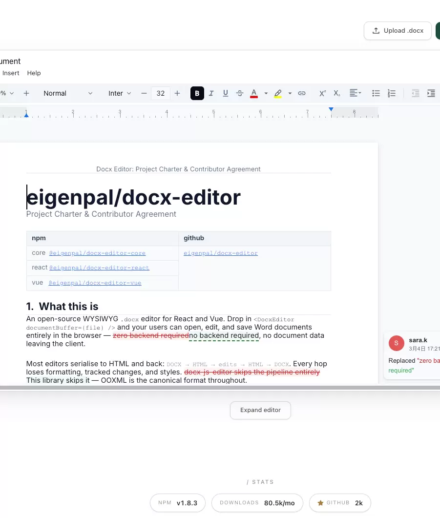 docx-editor 是什么？React/Vue 都能用的开源 .docx 在线编辑器