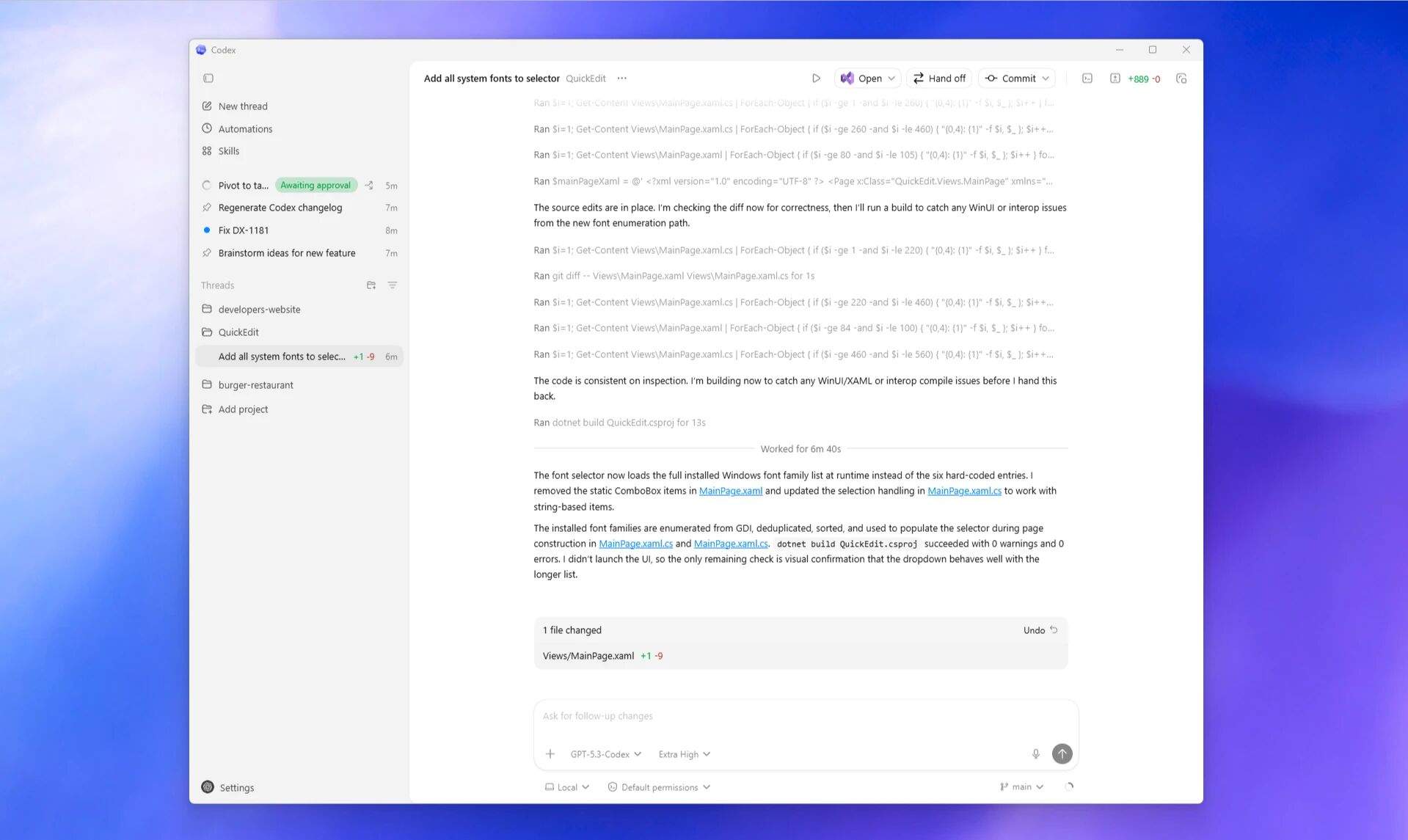 Codex app for Windows showing a project sidebar, active thread, and review pane